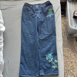 Blue Straight Leg Jeans with Floral Embroidery